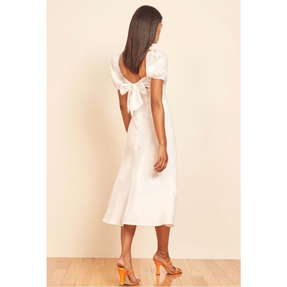 Reformation Denver White Linen Dress Tie Back Puff Sleeve 0 - Picture 2 of 5